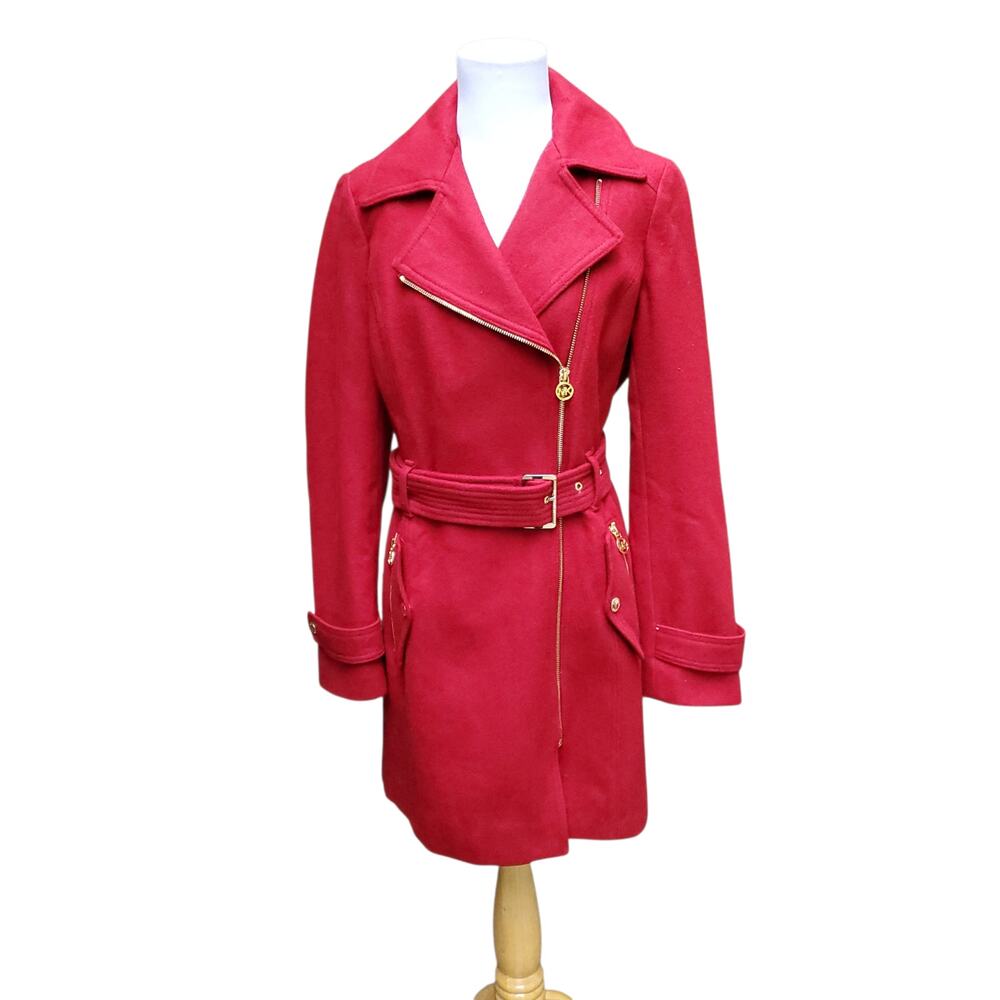 Michael Kors Red Wool Blend Coat Gold Details Belted Quiet Luxury Old Money Sz S